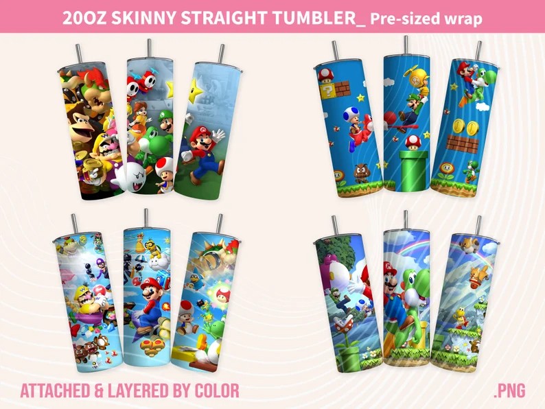 Super Mario Tumbler Design, 20oz Skinny Tumbler Design, Super Mario Cup, Super Mario Sublimation - VartDigitals