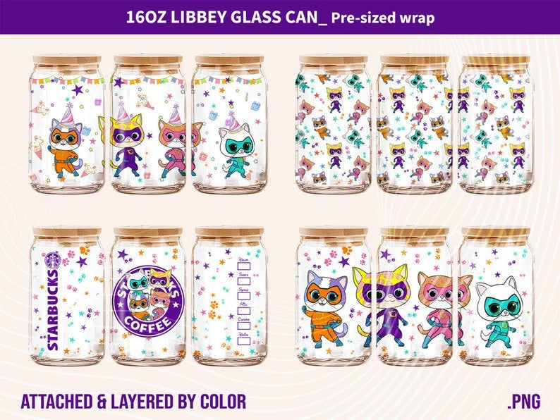 Superkitties Pounce Bundle Png, Superkitties Png, 16oz Can Glass, Can Glass Wrap, Bitsy Cat, Ginny Cat, Buddy Cat, Sparks,Junior Superkities - VartDigitals
