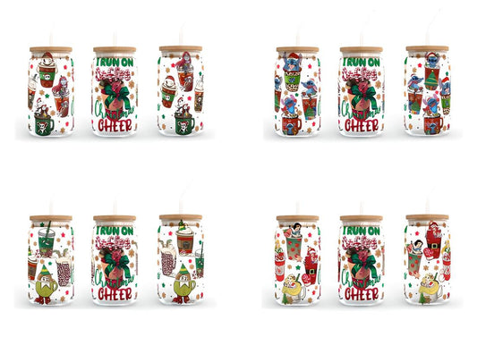 I Run On Coffee And Christmas Cheer 16oz Libbey Glass Can, Christmas Vibes Frosted Glass, Santa Claus Beer Can Glass, Retro Christmas Design