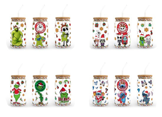Cartoon Christmas 16oz libbey can Cartoon PNG, 16oz Glass Can Wrap, 16oz Libbey Can Glass, Christmas Tumbler Wrap, Full Glass Can Wrap