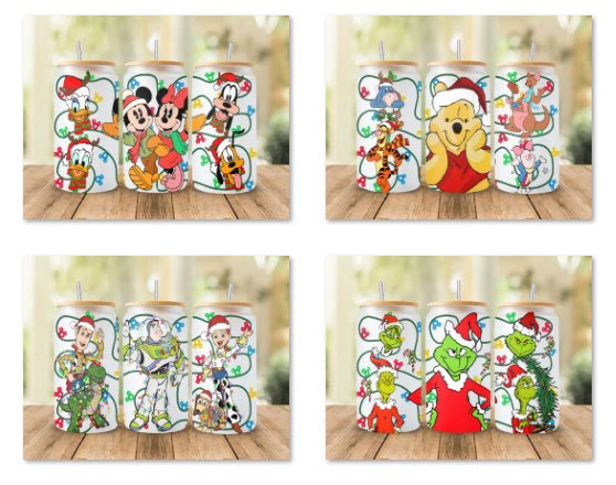Christmas Cartoon 16oz Glass Can Wrap PNG, Christmas Libbey Can Wrap, Libbey Glass Can 16oz, Mouse And Friends, pooh bear, toy, grinch Xmas Can Wrap, 16oz Can Wrap
