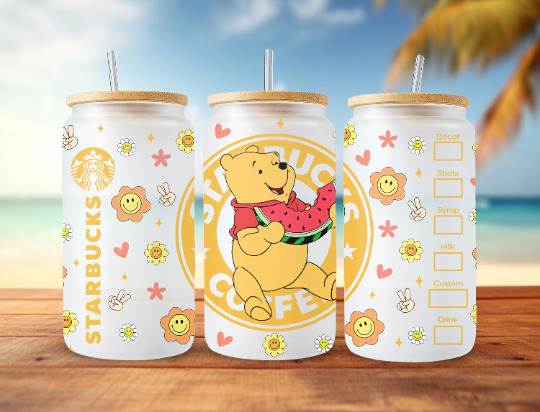 Spring Bear 16oz Glass Can Wrap, 16oz Libbey Can Glass, Flower Cartoon Tumbler Wrap, Full Glass Can Wrap, Floral Cartoon Glass Can Png - VartDigitals