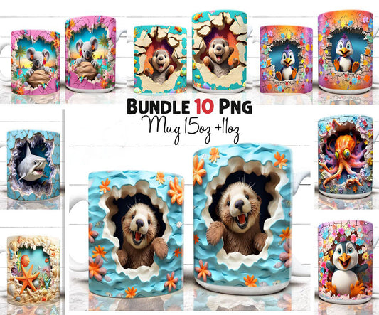 3D Mug Wrap Bundle, 3D Animal Mug Wrap, 3D Beach Mug Wrap, 3D Cat Mug Wrap, 11oz 15oz Mug PNG Mug Bundle, 3D Floral Mug Sublimation - VartDigitals