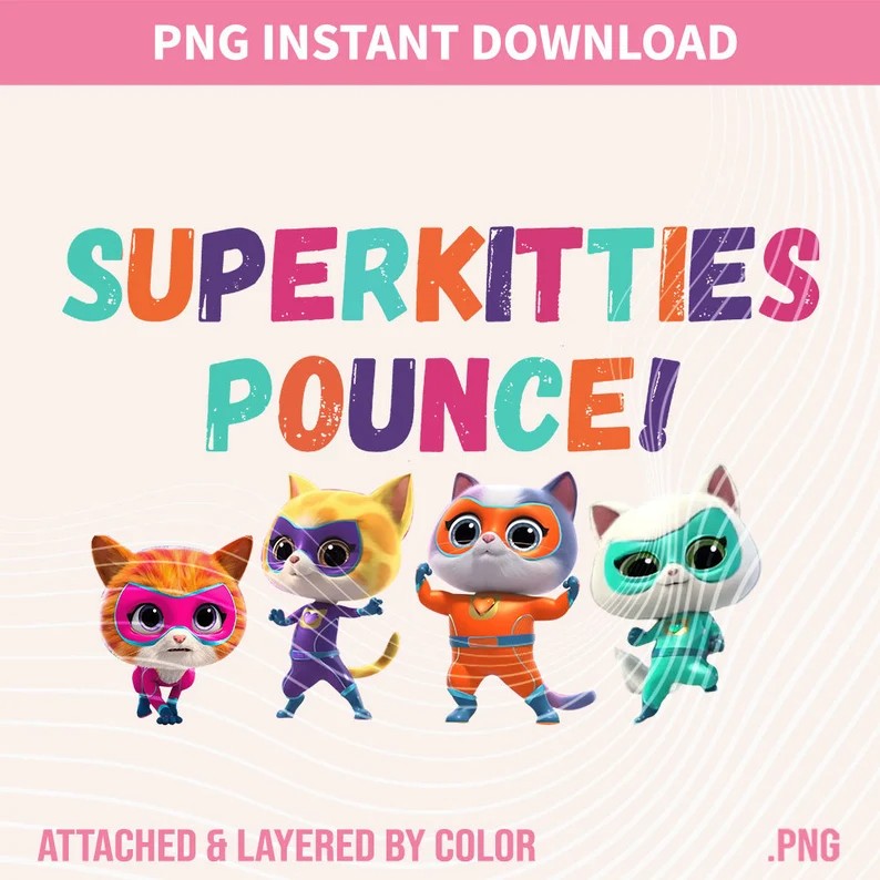 Superkitties Pounce Bundle PNG, Superkitties PNG, Super Cat Designs, Bitsy Cat, Ginny Cat, Buddy Cat, Sparks, Junior Superkities Designs - VartDigitals