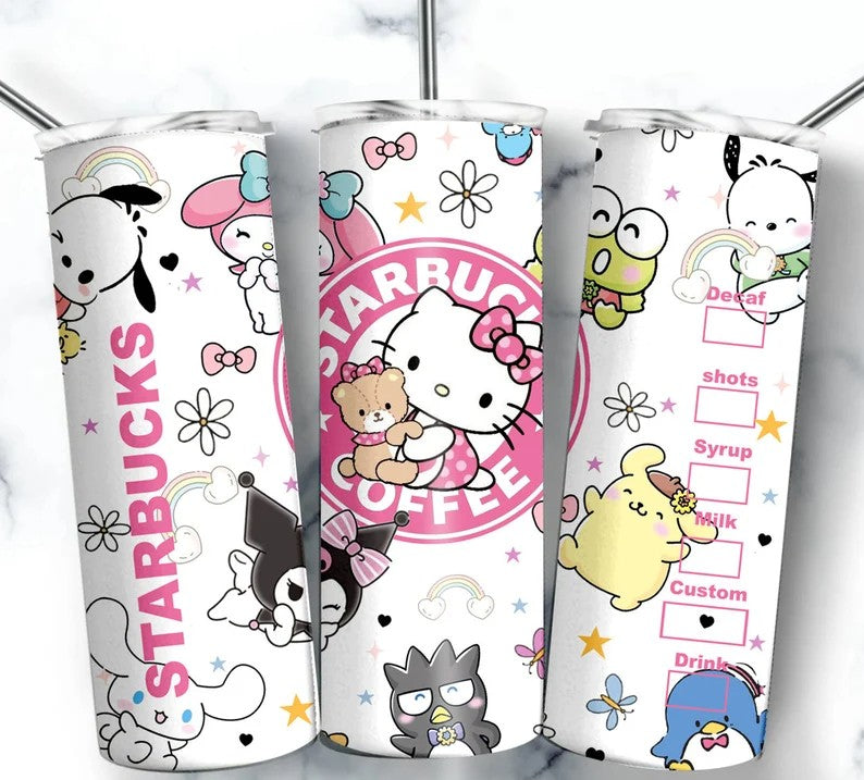 Bundle 4 Kitty Coffee Tumbler, 20oz Straight Skinny Wrap, Spring Flower Pink Cat PNG, Tumbler Wrap, Full Tumbler Wrap, Cartoon Tumbler - VartDigitals