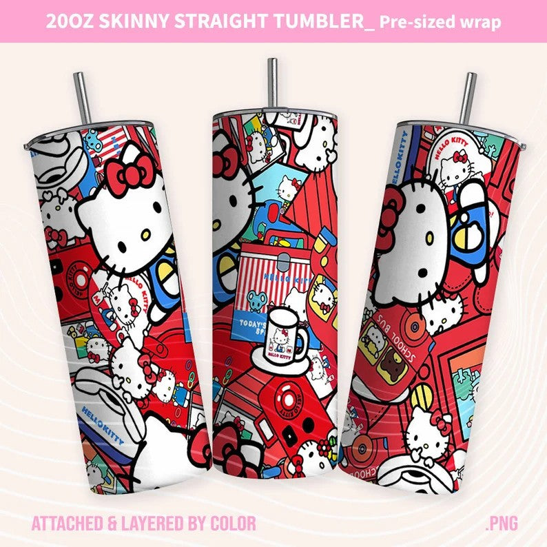 Kawaii Kitty Tumbler Wrap, Kitty Cartoon Tumbler, 20oz Straight Skinny Wrap, Pink Kitty Png, Pink Cat Tumbler Wrap, 4 Png FILES Sublimation Design - VartDigitals