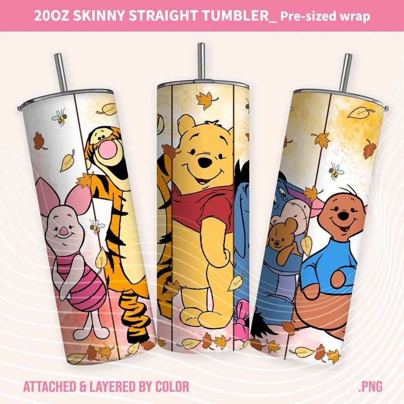 Cartoon Tumbler Wrap, Pooh Spring Tumbler Wrap, 20oz Skinny Tumbler, Glitter Tumbler Wrap, Cartoon Wrap, Coffee Tumbler Wrap, Skinny Tumbler - VartDigitals
