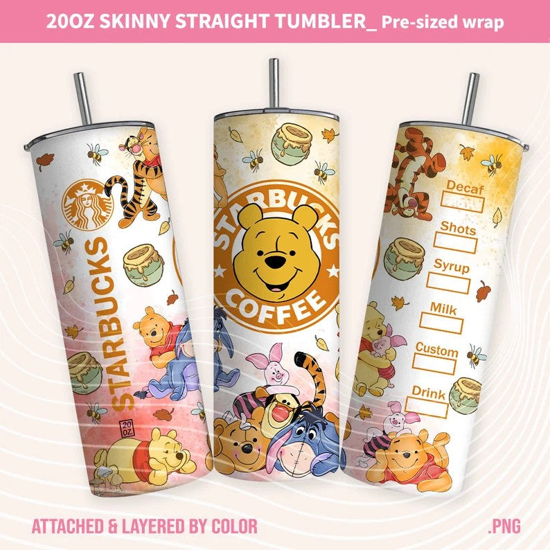 Cartoon Tumbler Wrap, Pooh Spring Tumbler Wrap, 20oz Skinny Tumbler, Glitter Tumbler Wrap, Cartoon Wrap, Coffee Tumbler Wrap, Skinny Tumbler - VartDigitals