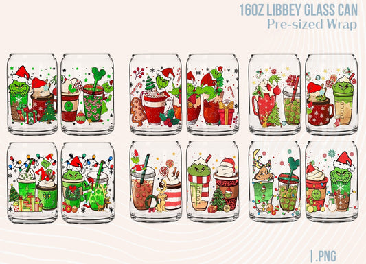 Grinch Christmas Png,16oz Can Glass,Glass Can Wrap, Libbey Can Glass, Christmas Sublimation,Christmas Coffee, Grinch Png, Digital Download - VartDigitals