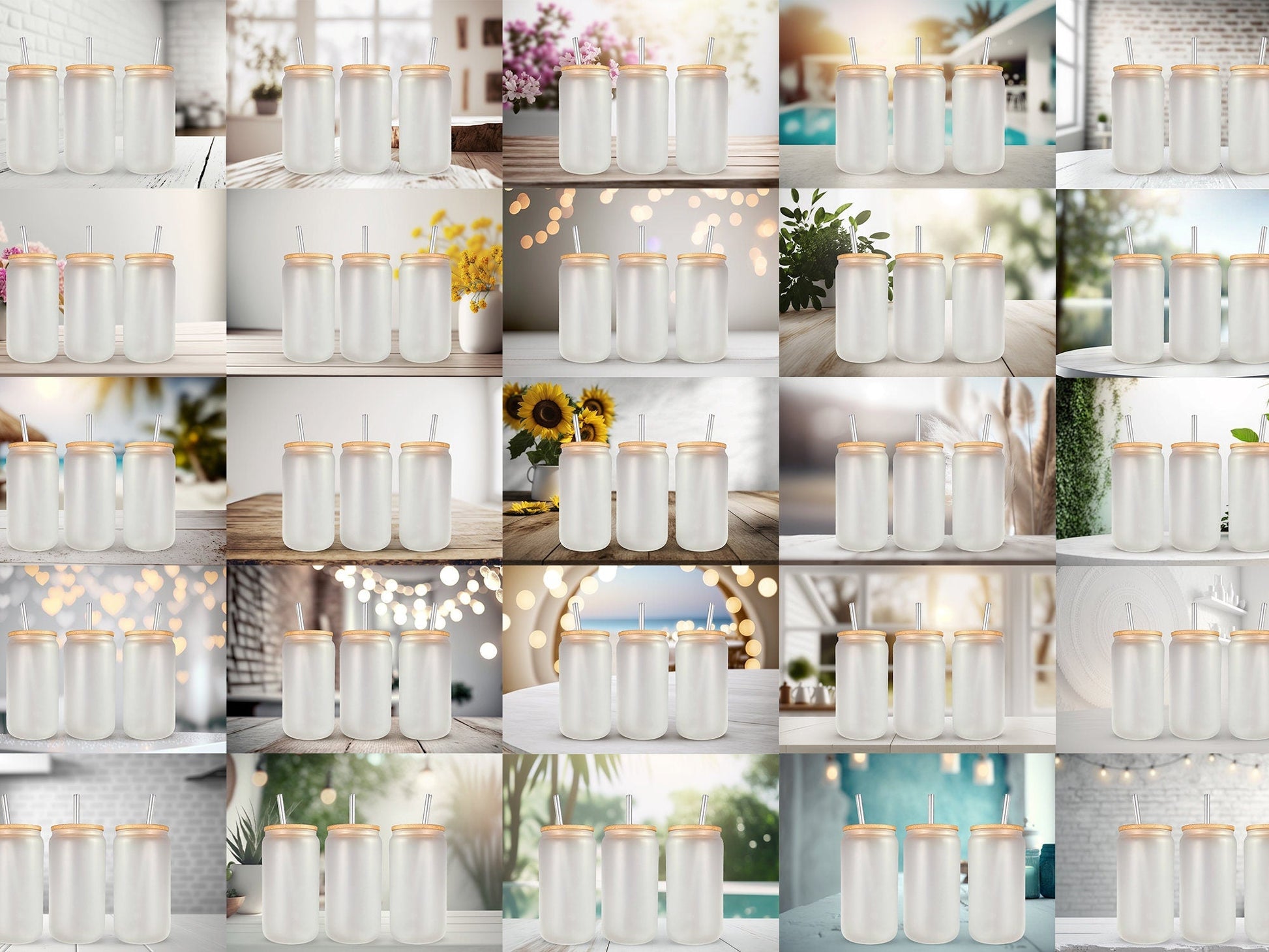 100 Frosted 16oz Libbey Glass Can Mock Ups Canva Templates AND PSD - Edit in CANVA, Photoshop, 100 Backgrounds - VartDigitals