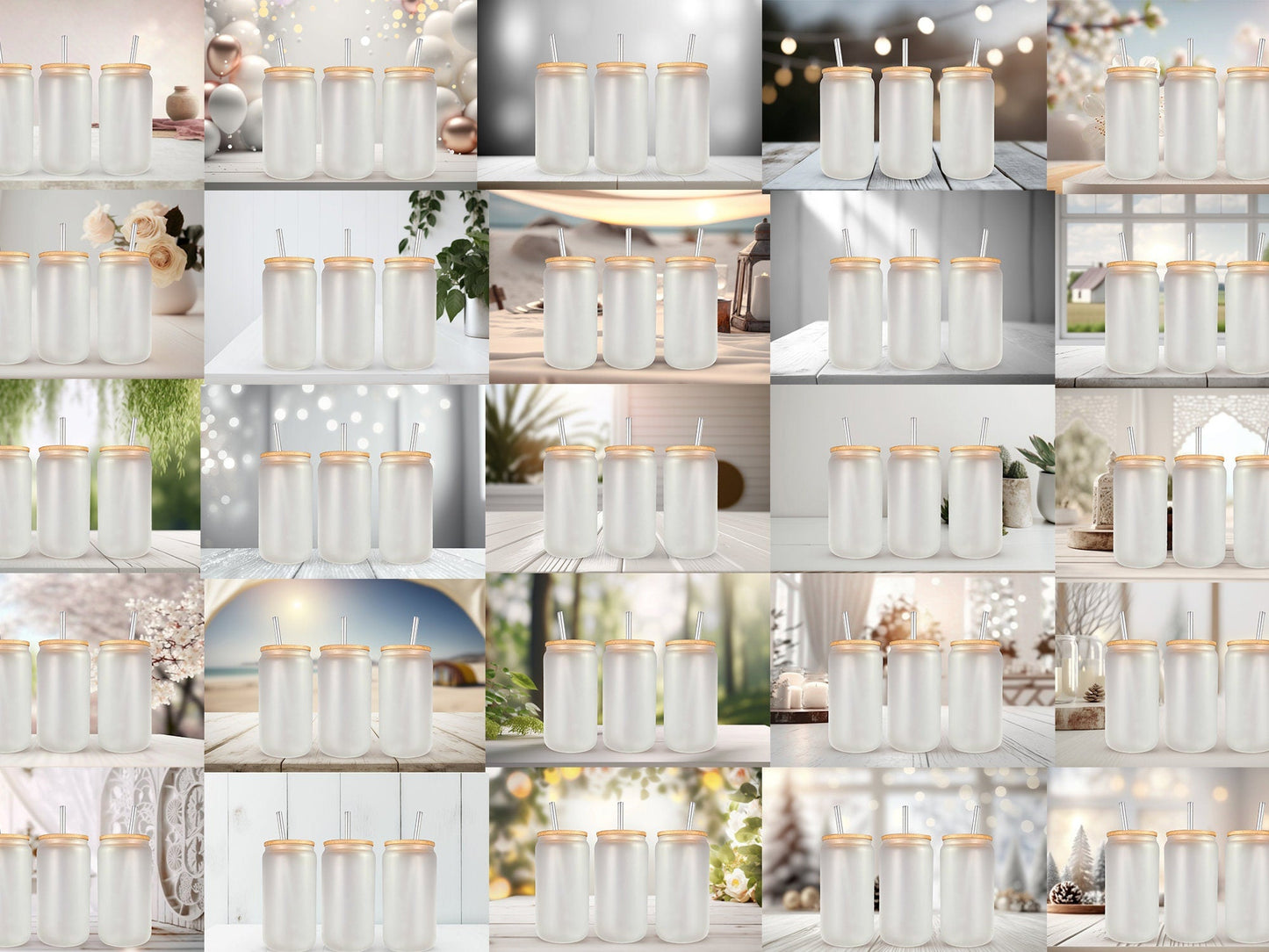 100 Frosted 16oz Libbey Glass Can Mock Ups Canva Templates AND PSD - Edit in CANVA, Photoshop, 100 Backgrounds - VartDigitals