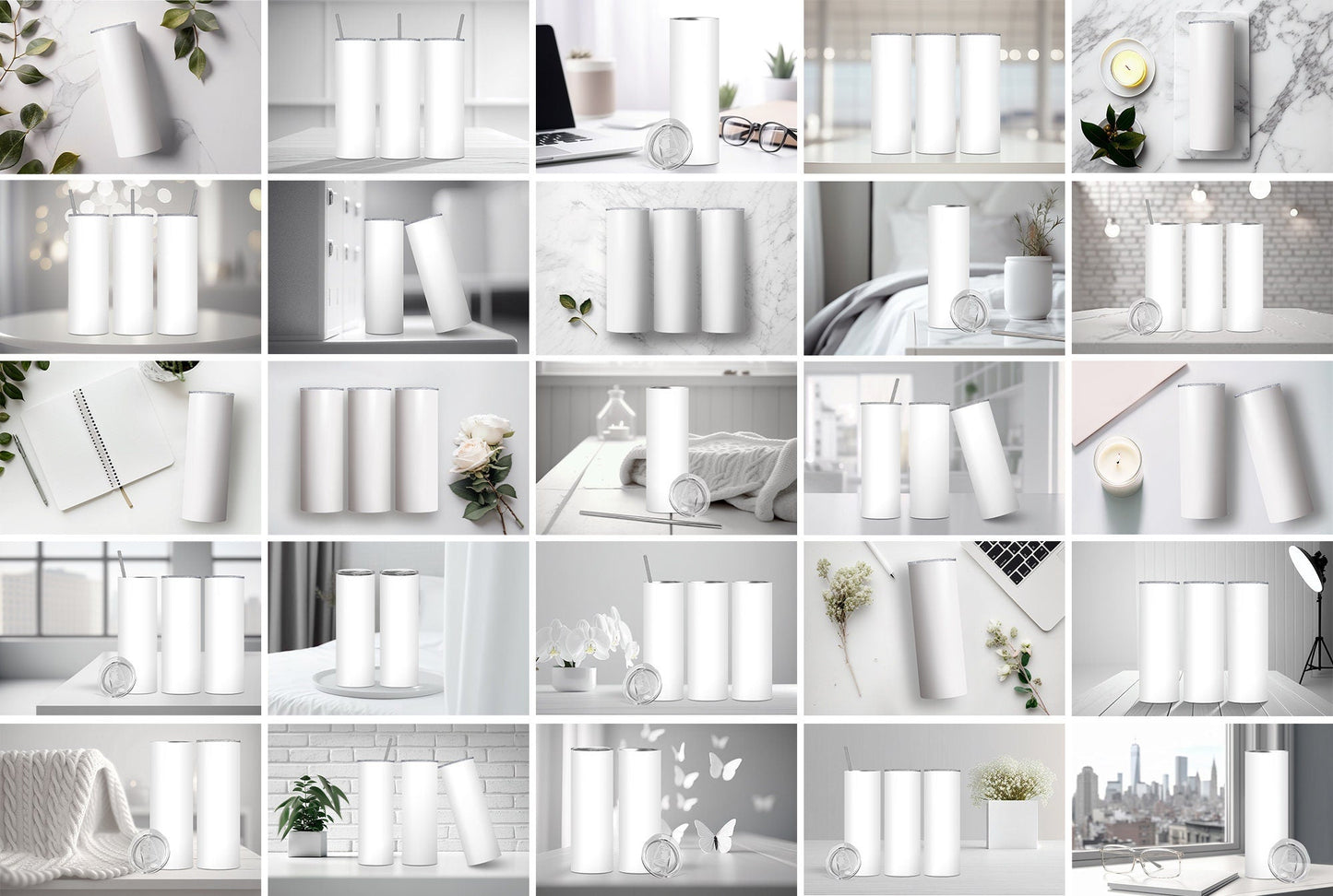 25 x Bright Whites Tumbler Mockup Variety Bundle 20oz Skinny Straight Tumbler Mock up Transparent PNG Mock-Up Edit in CANVA and Photoshop - VartDigitals