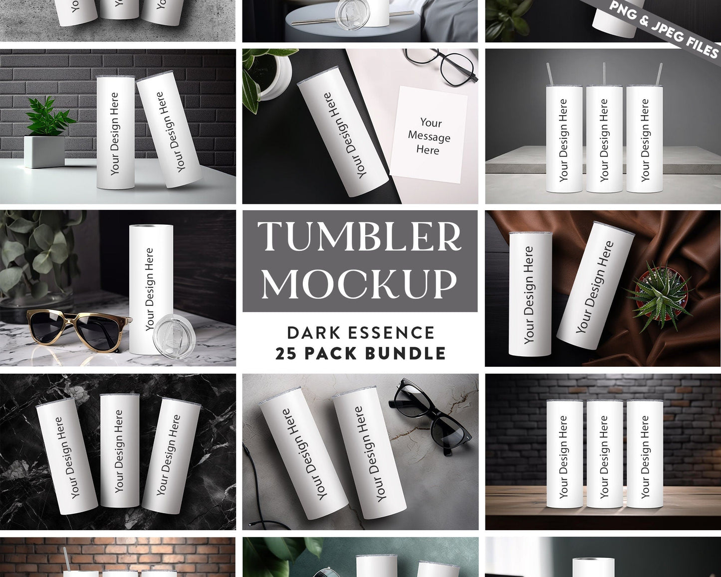 25 x Dark Essence Tumbler Mockup Variety Bundle 20oz Skinny Straight Tumbler Mock up Transparent PNG Mock-Up Edit in CANVA Photoshop - VartDigitals