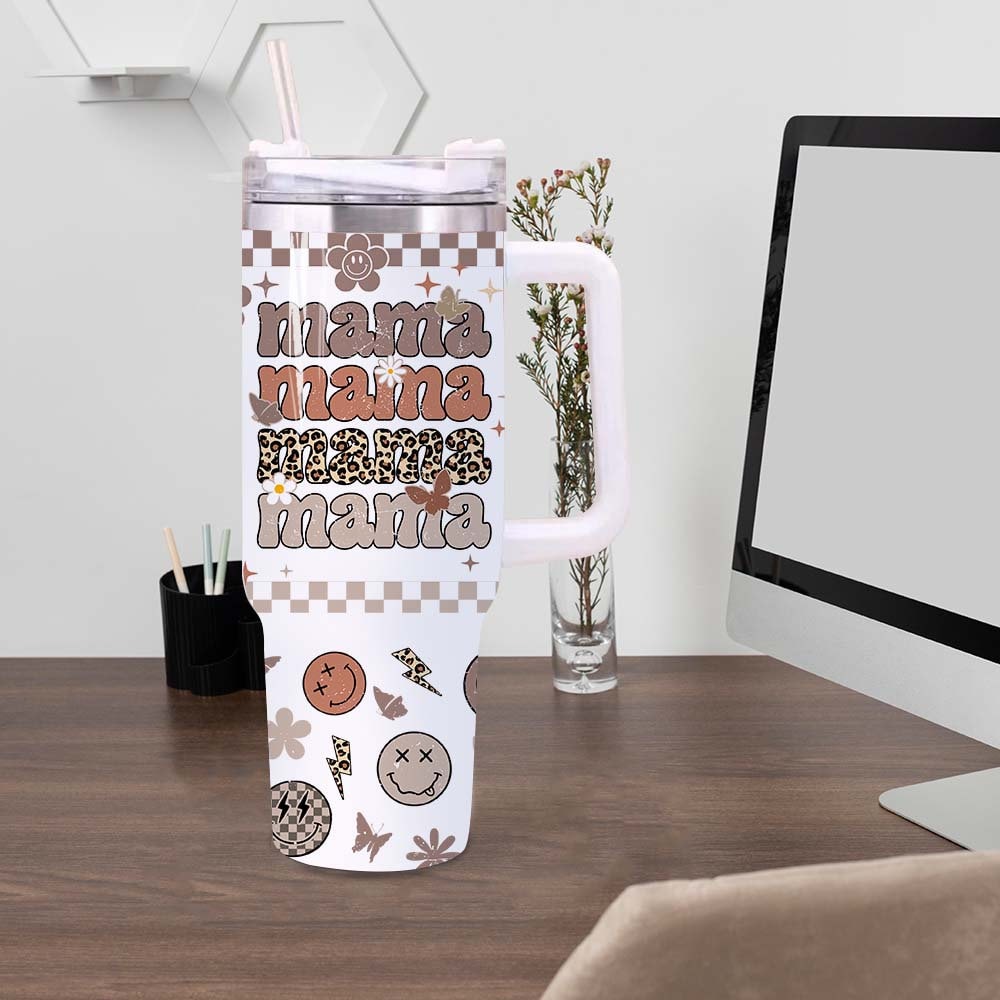 MAMA 40oz Quencher Tumbler Wrap Retro Groovy Smiley Checkered Png Funny Mom Seamless Sublimation Tumbler, Mothers Day Gift, Mom Tumbler - VartDigitals