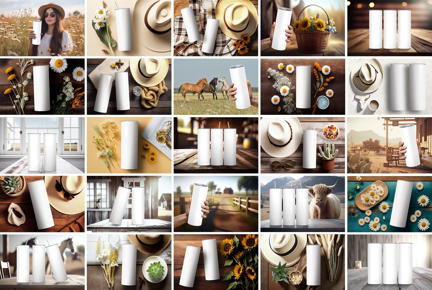 25 x Western Theme Skinny Tumbler Mockup Bundle 20oz Tumbler Mock-Up Country Tumbler Mock Edit on Canva PS with Transparent Background - VartDigitals