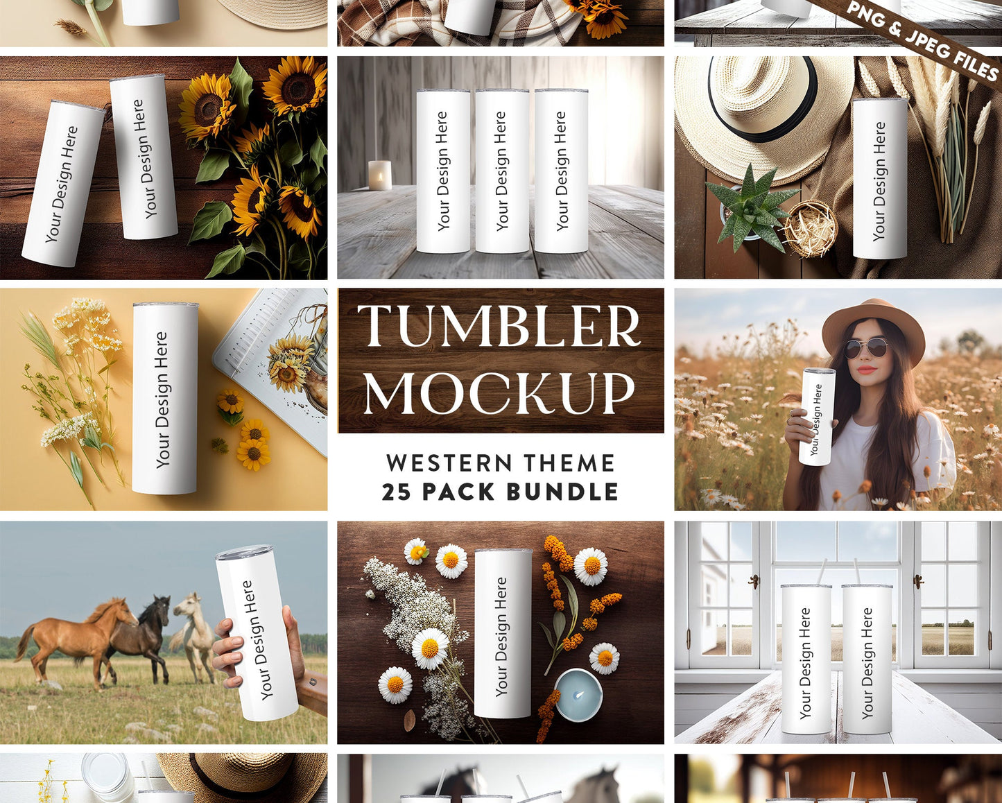 25 x Western Theme Skinny Tumbler Mockup Bundle 20oz Tumbler Mock-Up Country Tumbler Mock Edit on Canva PS with Transparent Background - VartDigitals