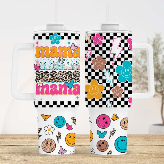 MAMA 40oz Quencher Tumbler Wrap Retro Groovy Smiley Checkered Png Funny Mom Seamless Sublimation Tumbler, Mothers Day Gift, Hot Mom Tumbler - VartDigitals
