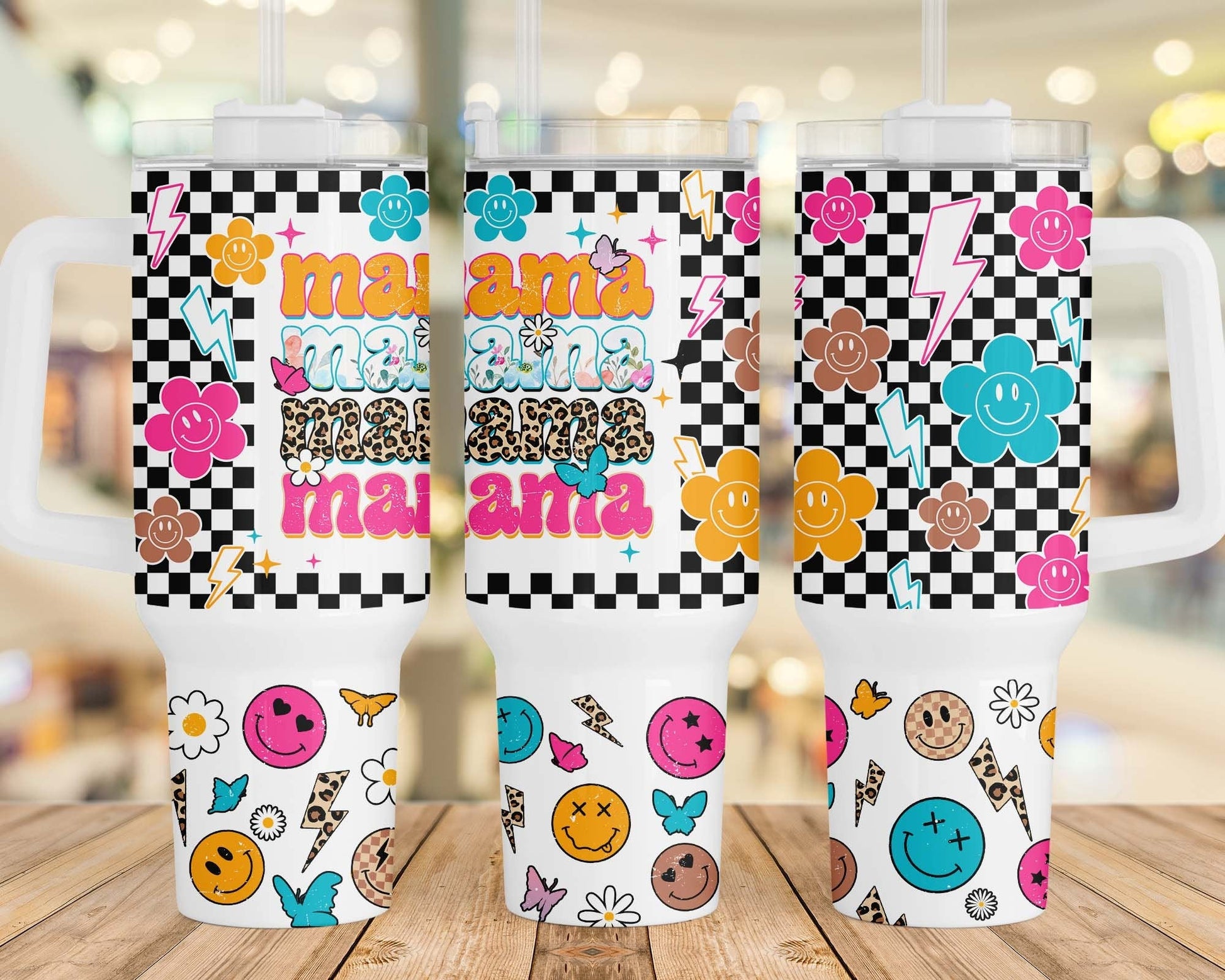 MAMA 40oz Quencher Tumbler Wrap Retro Groovy Smiley Checkered Png Funny Mom Seamless Sublimation Tumbler, Mothers Day Gift, Hot Mom Tumbler - VartDigitals
