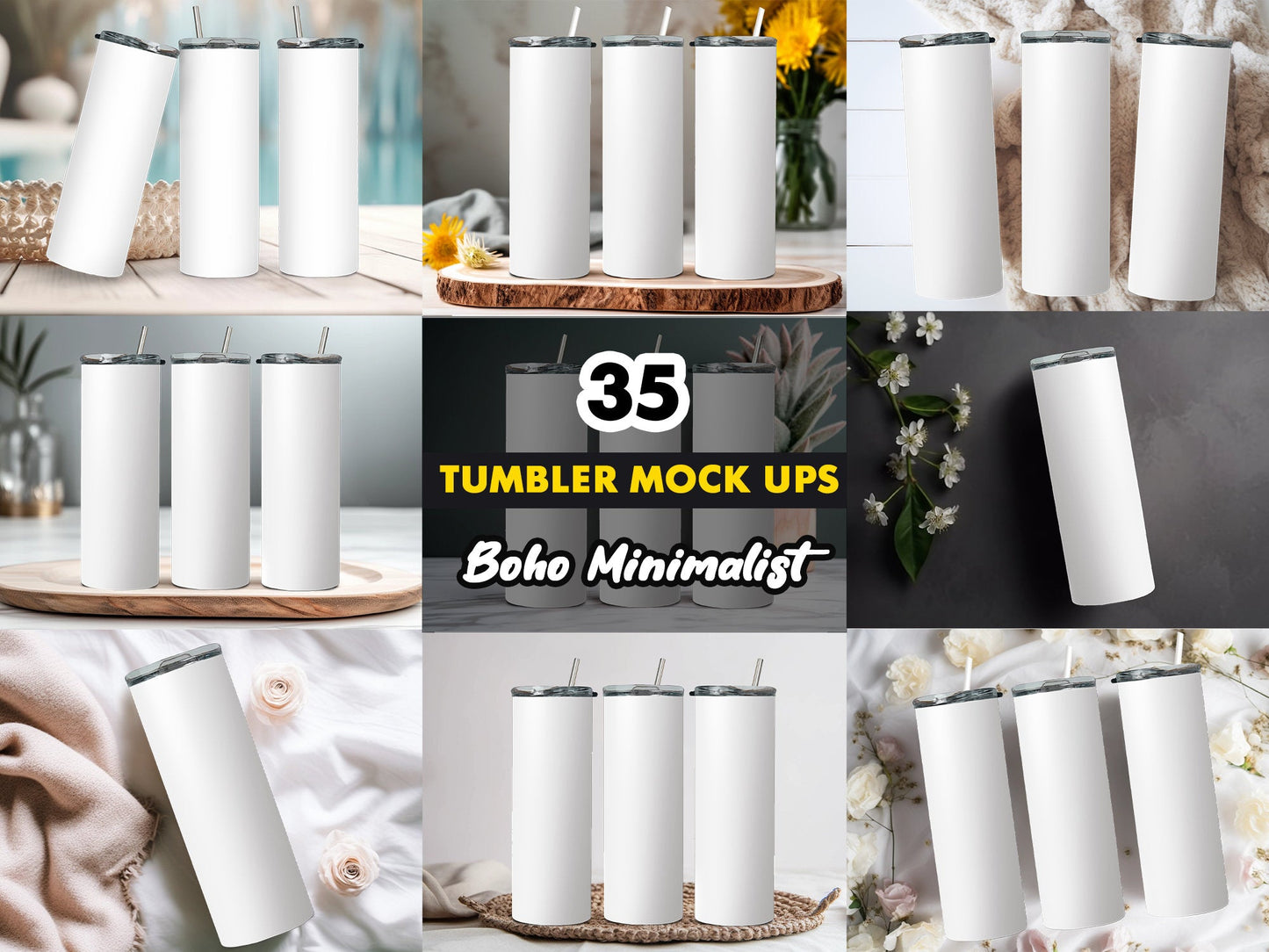 35 Different Boho Minimalist 20z Tumbler Straight Mock Ups PNG File - Edit in CANVA, Photoshop, and More Silver _ White Straws - VartDigitals