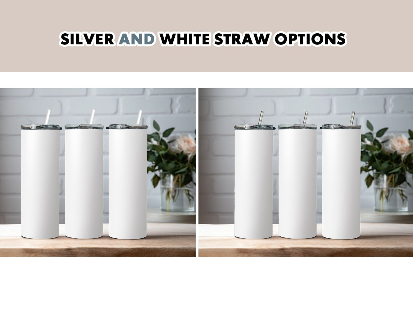 35 Different Boho Minimalist 20z Tumbler Straight Mock Ups PNG File - Edit in CANVA, Photoshop, and More Silver _ White Straws - VartDigitals