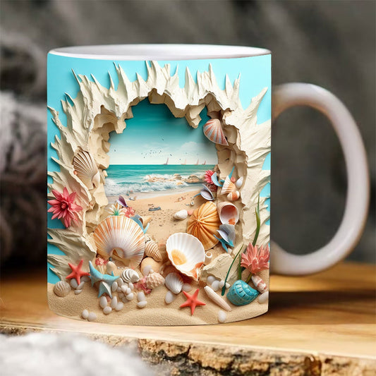 3D Hole In A Wall Beach Landscape Mug Wrap Design, 3D Beach Mug, 3D Beach Seashells In Mug Design, 3D Mug, 11oz,15oz Mug Sublimation Png - VartDigitals