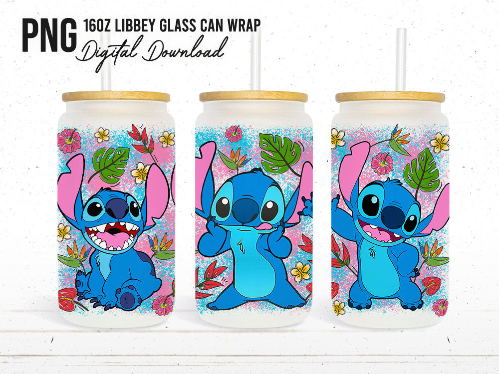 Stitch Can Glass Wrap, 16oz Can Glass, Libbey Can Glass, Stitch Tumbler Wrap,Cartoon Tumbler Wrap,Full Tumbler Wrap,Png Instant Download - VartDigitals