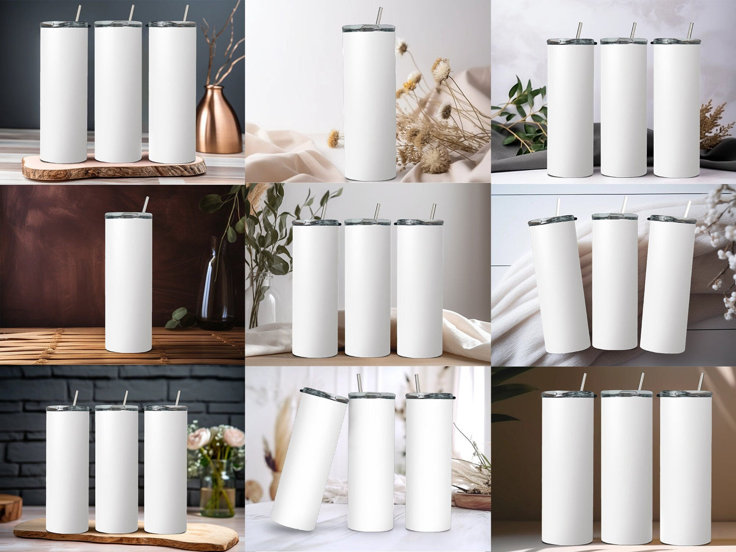 35 Different Boho Minimalist 20z Tumbler Straight Mock Ups PNG File - Edit in CANVA, Photoshop, and More Silver _ White Straws - VartDigitals