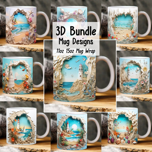3D Hole In A Wall Beach Landscape Mug Wrap Bundle Design, 3D Beach Mug, 3D Beach Seashells In Mug Design, 11oz,15oz Mug Sublimation Png - VartDigitals
