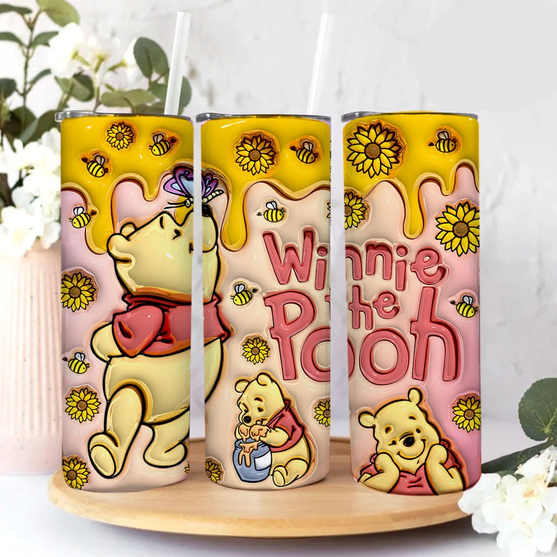 20 oz Cartoon 3D Bear Inflated Tumbler Png Tumbler Wraps, Inflated 20oz Sunflowers Skinny Sublimation Digital Downloads 3D Puffy Bear Design - VartDigitals