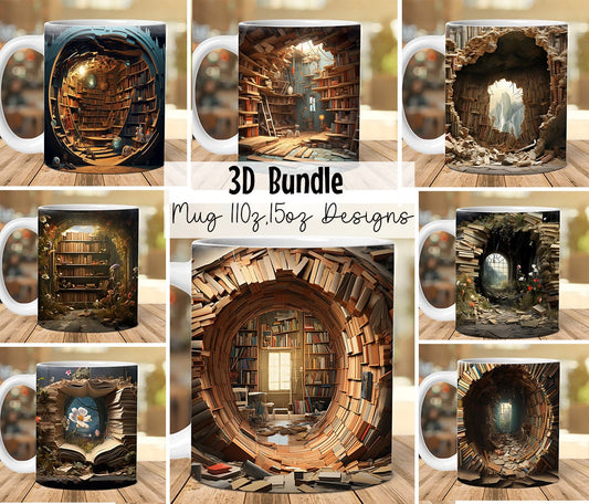 Immerse Yourself in Literature: 3D Book Mug Wrap Bundle with 11oz and 15oz Mug Png - Explore 3D Bookshelf Mug Sublimation Designs for Book Lover's Coffee Bliss! - VartDigitals