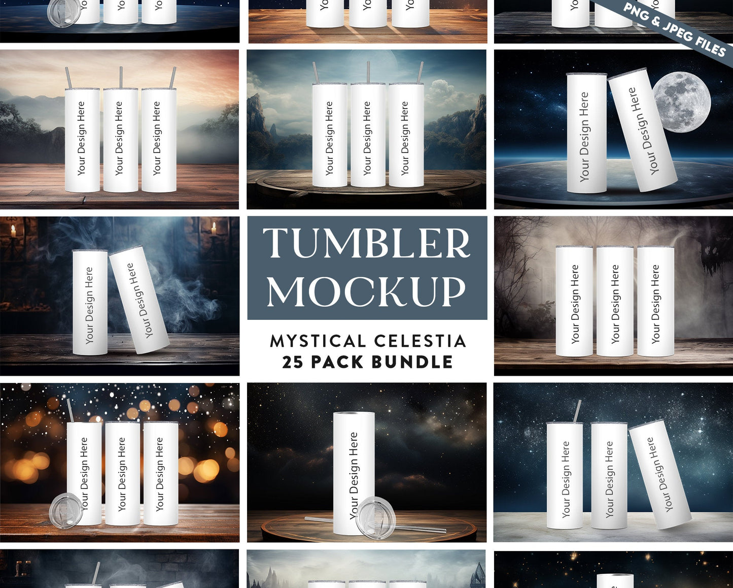 25 x Mystical Celestia Tumbler Mockup Variety Bundle 20oz Skinny Straight Tumbler Mock up Transparent PNG Mock-Up Edit in CANVA Photoshop - VartDigitals