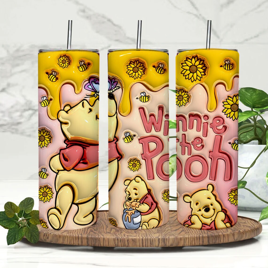 20 oz Cartoon 3D Bear Inflated Tumbler Png Tumbler Wraps, Inflated 20oz Sunflowers Skinny Sublimation Digital Downloads 3D Puffy Bear Design - VartDigitals