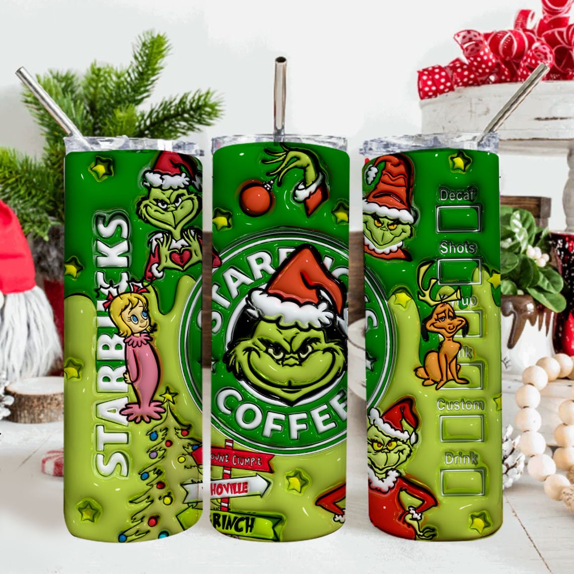 3D Inflated The Grinchmas Christmas Png, The Grinch Png, Christmas 20 Oz Skinny Tumbler Wrap, Christmas Movies Png - VartDigitals
