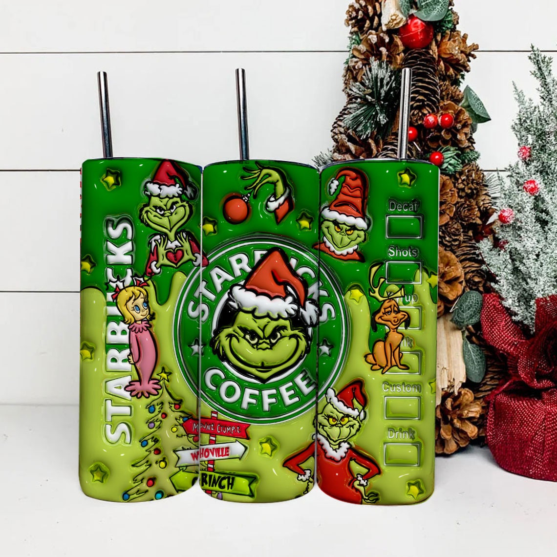 3D Inflated The Grinchmas Christmas Png, The Grinch Png, Christmas 20 Oz Skinny Tumbler Wrap, Christmas Movies Png - VartDigitals