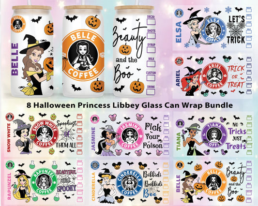 8 Fall Halloween Princess Coffee Logo Spooky Season Libbey Glass Can Wrap Sublimation Seamless Design 16 Oz Digital PNG Download - VartDigitals