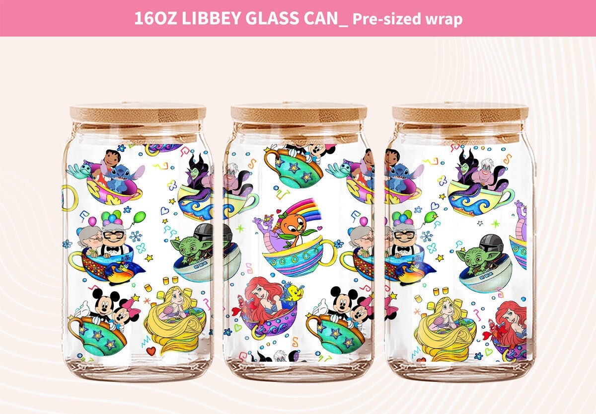 Mouse And Friends Glass Can Wrap, 16oz Glass Can Wrap, Cartoon Libbey Can Glass, Floral Glass Can Png, Cartoon Watercolor Tumbler Wrap - VartDigitals