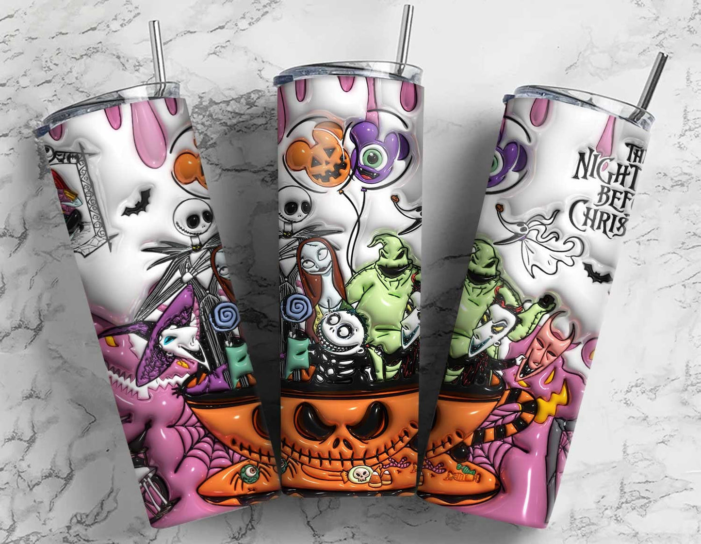 3D Inflated Halloween Tumbler Wrap, Cartoon Halloween Tumbler Png, The Nightmare Before Christmas 20oz Skinny Tumbler, 3D Tumbler Wrap - VartDigitals