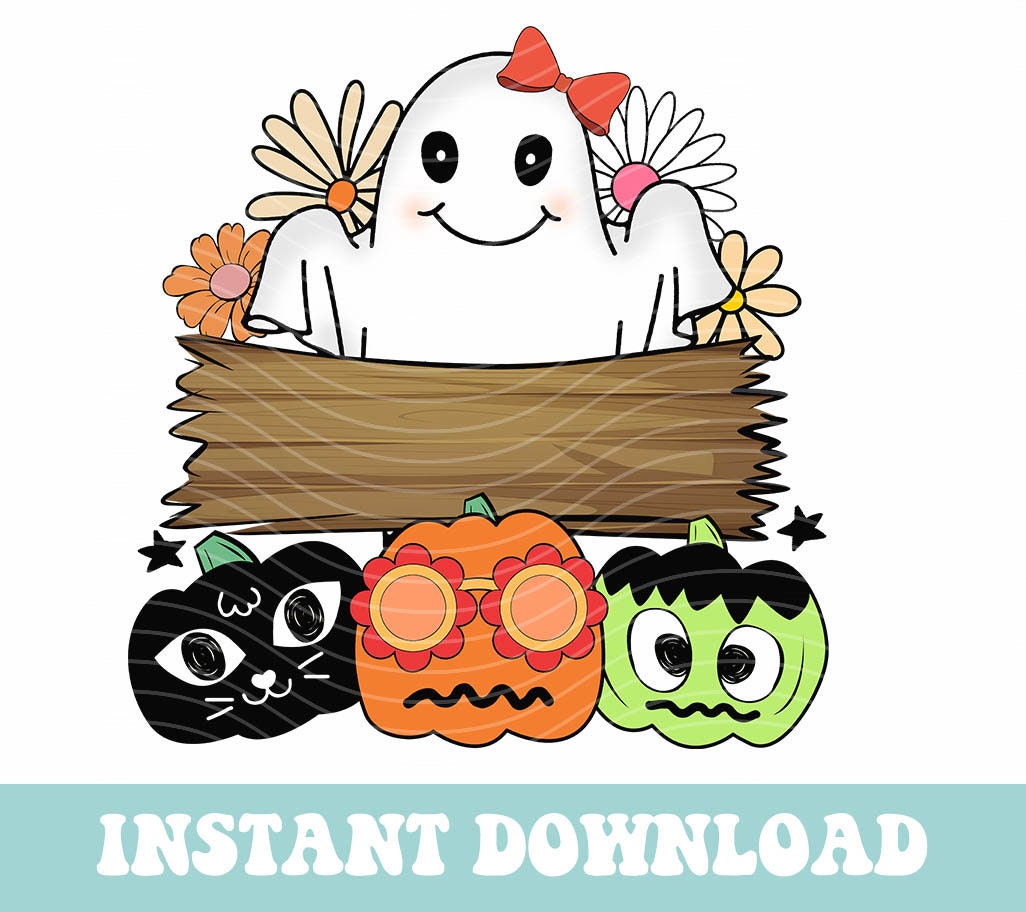 Retro Flower Ghost Halloween Bundle, Fall Pumpkin Png, Halloween Ghost Sublimation, Halloween Kids Png, Black Cat PNG, Trick or Treat PNG - VartDigitals