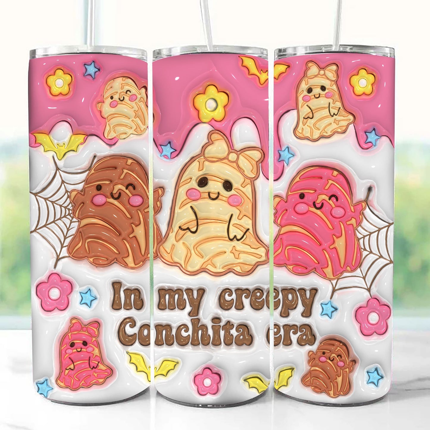 3D Inflated In My Creepy Conchita Era Tumbler Wrap, Spooky Conchas Tumbler Wrap, Mexican Pan Dulce Ghost PNG, Halloween Pan Dulce Conchas - VartDigitals