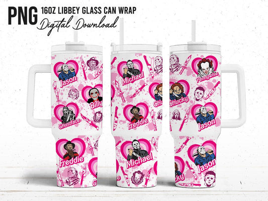 Pink Horror Tumbler Wrap Png, 40oz Cartoon Tumbler, 16oz Can Glass, Halloween Sublimation, Horror Movie, Horror Characters, Png Download - VartDigitals