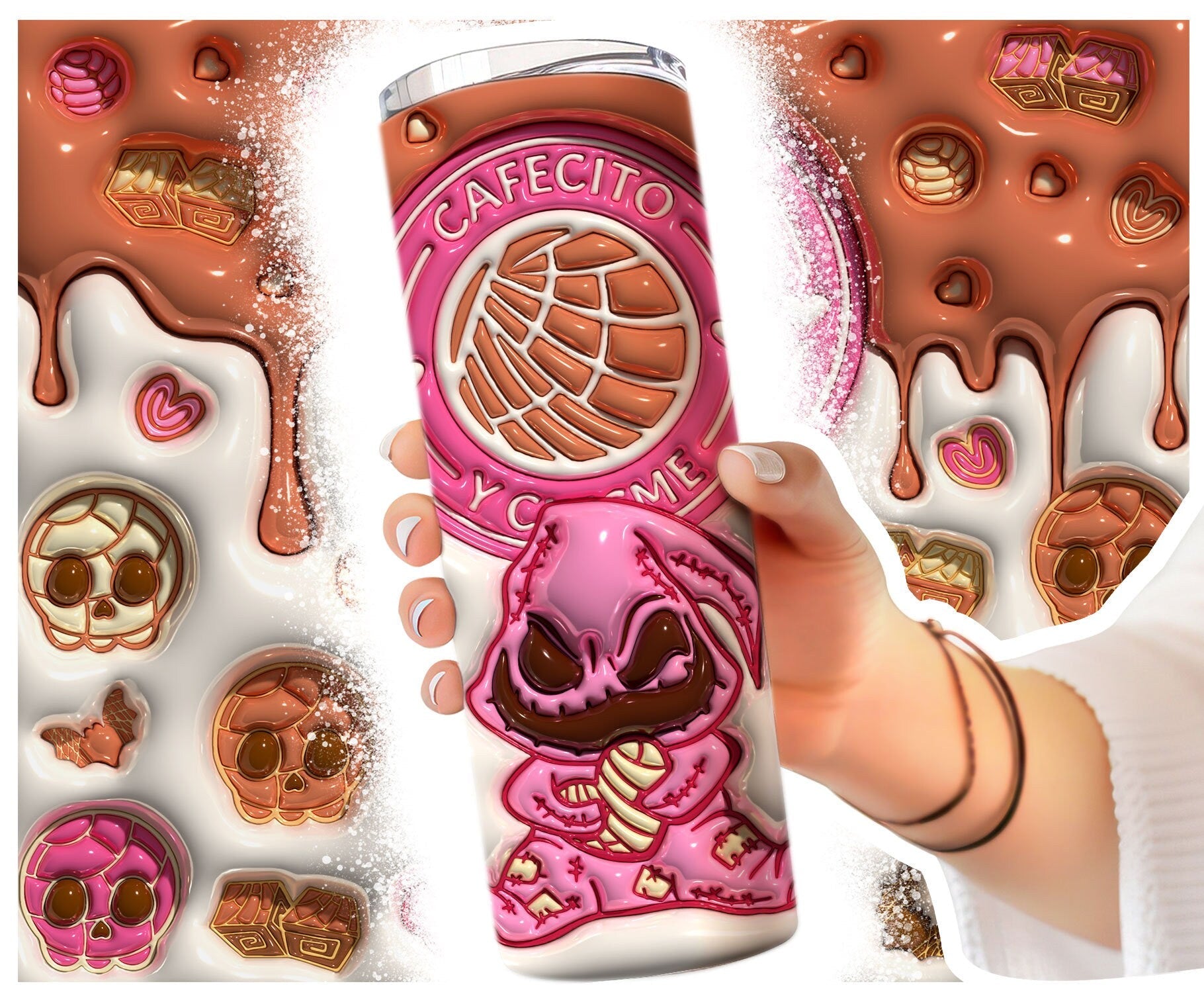 Inflated 3D Conchita Ghost Png, Cafecito Y chisme 20oz Tumbler, Spooky Conchas Tumbler, 20oz Tumbler,Mexican Pan Dulce PNG,Conchas Mexicanas - VartDigitals