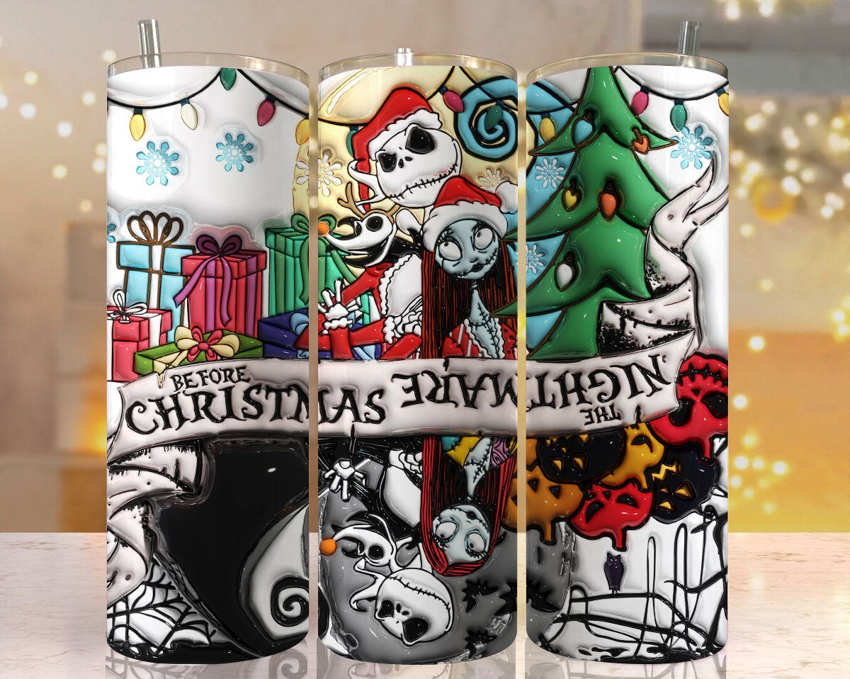 3D Inflated Horror Characters Tumbler Wrap, 20oz Skinny Tumbler, Nightmare Christmas Spooky Vibes Png, Halloween Png, Sublimation Design Png - VartDigitals