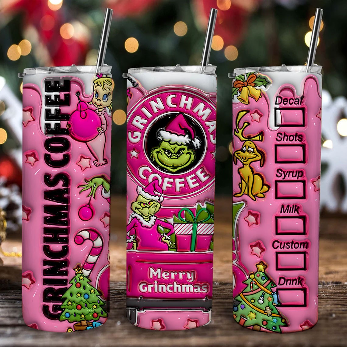 Inflated Pink Christmas Tumbler Design Png, 3D Christmas Cartoon Tumbler Wrap 20oz Skinny Sublimation, Merry Grinchmas, Merry Christmas Wrap - VartDigitals