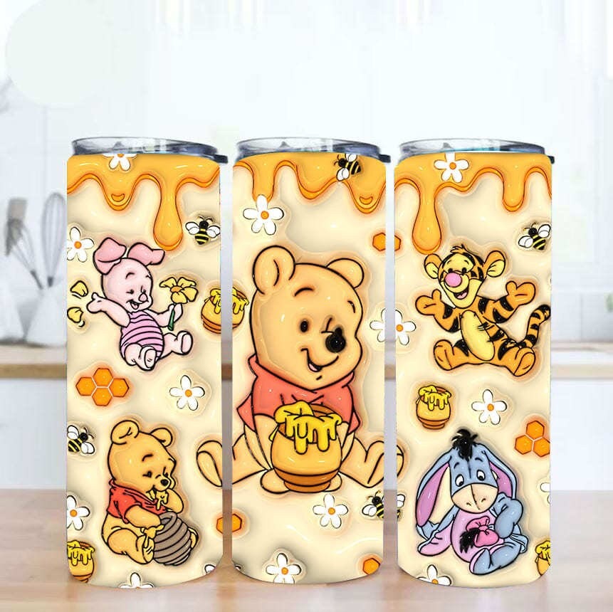 Inflated 3D Cartoon Bear 20oz Skinny Tumbler PNG, Inflated 20oz Sunflowers Skinny Sublimation, 3D Puffy Pooh Bear Tumbler, Cartoon Tumbler - VartDigitals