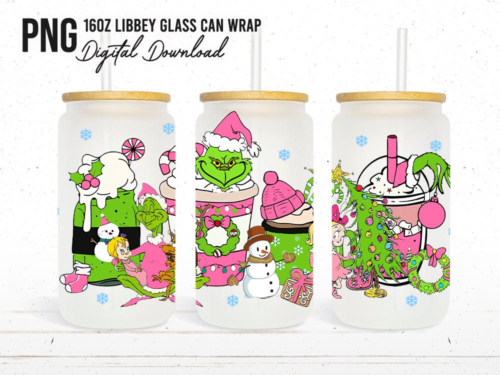 Cartoon Pink Christmas Tumbler Wrap, 16oz Can Glass Wrap, Merry Christmas Can Glass, Libbey Can Glass, Christmas Vibes, Pink Grinchmas Wrap - VartDigitals