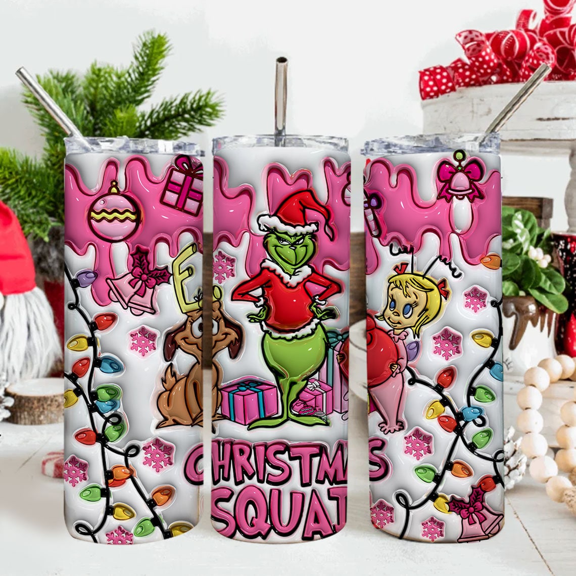 3D Inflated Pink Christmas Tumbler Wrap, 3D Christmas Inflated Tumbler Wrap, Christmas Vibes, Christmas Tumbler, Merry Grinchmas Png - VartDigitals