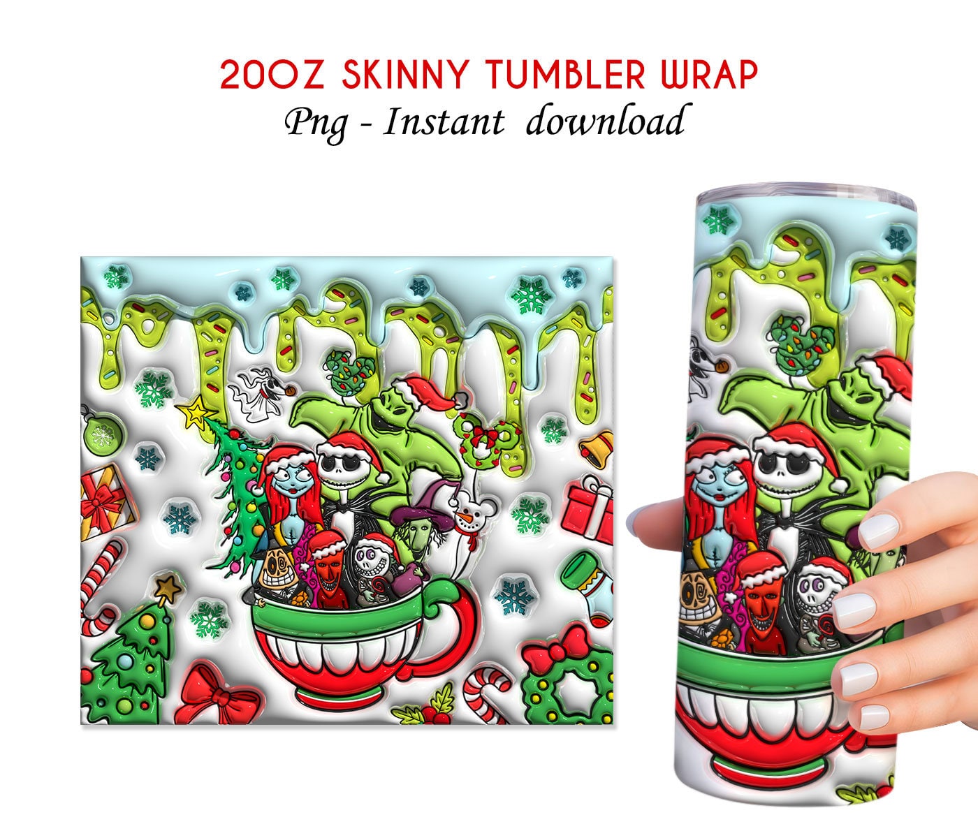 3D Inflated Cartoon Christmas Tumbler Wrap, Christmas 20oz Skinny Tumbler, Merry Christmas, Nightmare Before, Christmas Png, Tumbler Wrap - VartDigitals