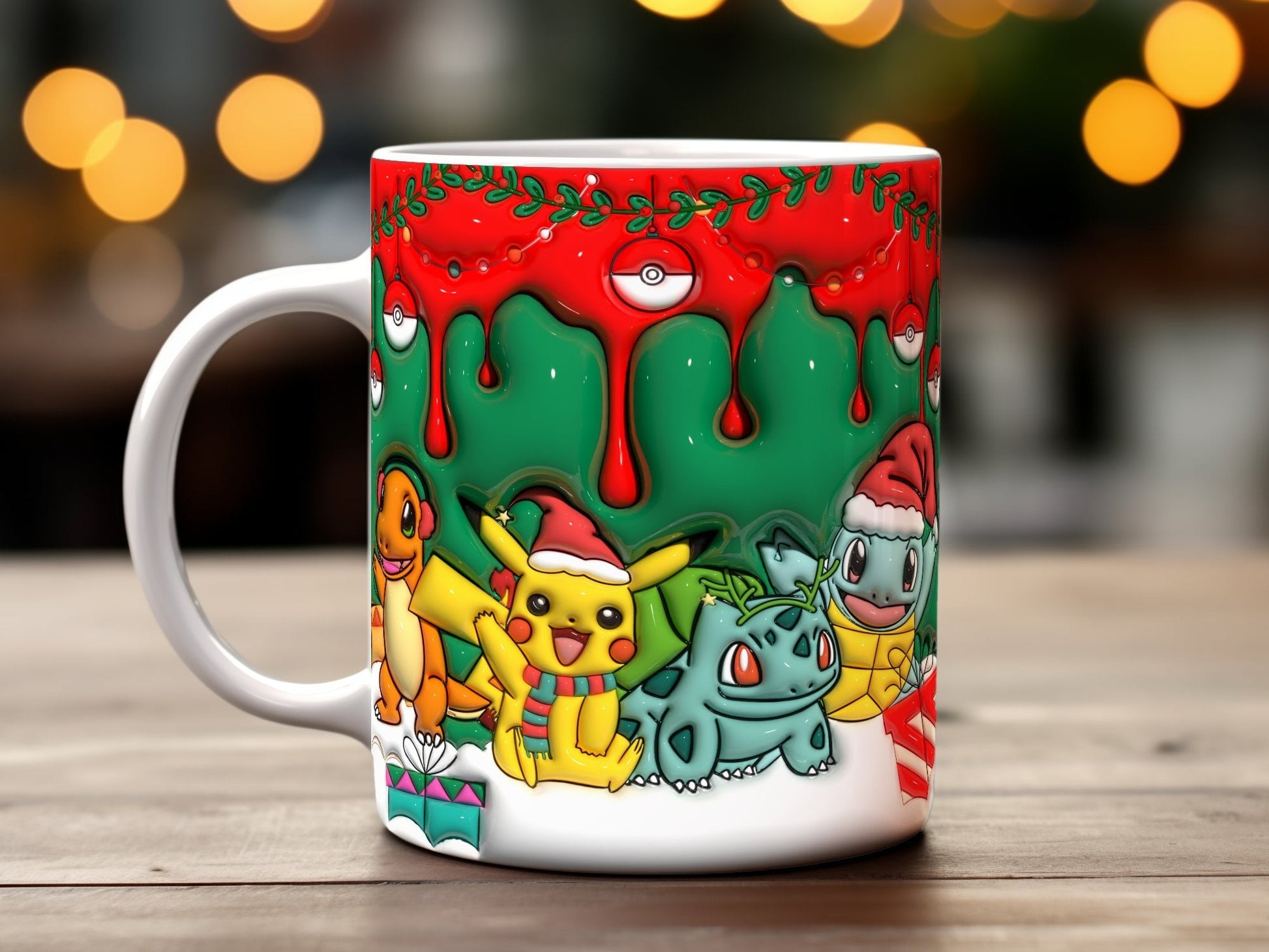 Pokemon 3D Inflated Christmas Mug Wrap, Cartoon Christmas 11oz 15oz Mug Design Download PNG, Movie, Video Game 3D Puff 20oz Digital Mug Wrap - VartDigitals