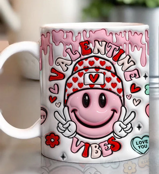3D Valentine Vibes Inflated Mug Wrap, Valentine’s Day Puff 11oz 15oz Mug Sublimation PNG, Smiley Face Puffy, Valentines Conversation Hearts - VartDigitals