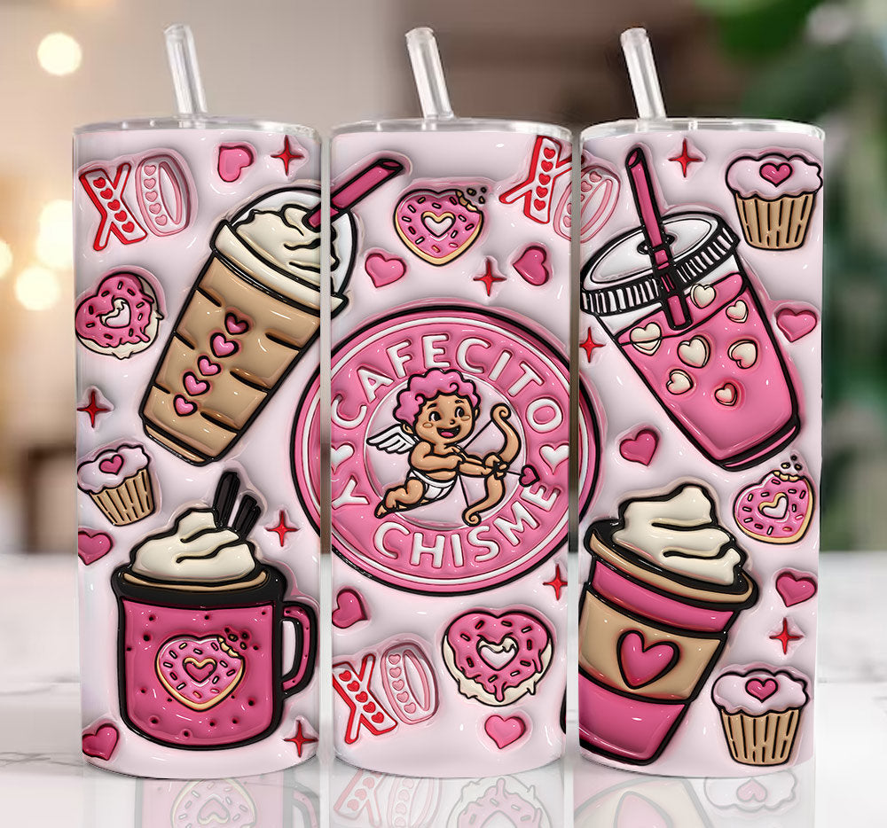 3D Cafecito y Chisme Inflated Tumbler Wrap, Valentines Coffee Puffy Tumbler Sublimation Design, Cupid Vibes, Valentines Day Puffy Design - VartDigitals